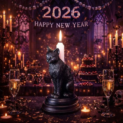 Gothic Black Cat Candle Holder Statue