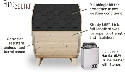 EuroSauna 2-Person Outdoor Barrel Sauna with Shingles, Lighting, & 6kW Harvia Sauna Heater, 81x59