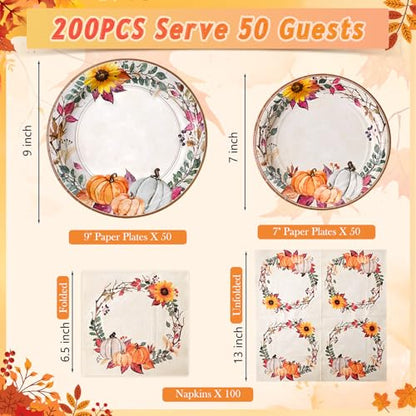 200 Pcs Fall Paper Plates and Napkins (200 Count)