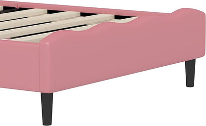 Bellemave Twin Size Princess Bed Frame with Lovely Crown Shaped Headboard for Girls,Upholstered Platform Bed with Slats Support,Twin Girls Bed,Pink Cream
