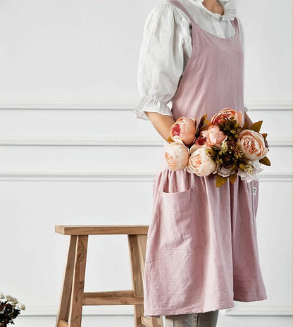 NEWGEM Cotton Linen Cross Back Apron for Women with Pockets for Baking Painting Pink with Waist Ties