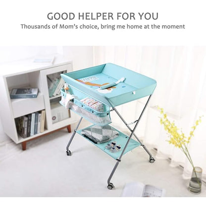 Baby Changing Table Portable Folding Diaper Changing Station with Wheels, Adjustable Height Mobile Nursery Organizer with Safety Belt and Large Storage Racks for Newborn Baby and Infant, Green
