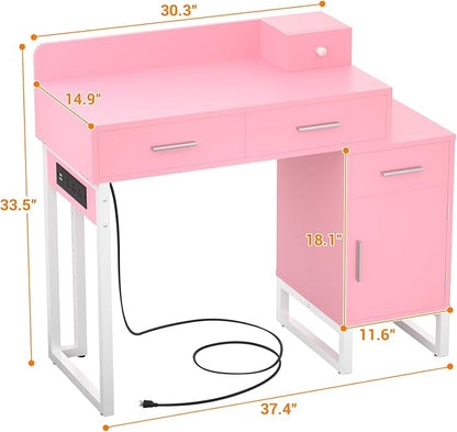 Vanity Desk with 4 Storage Drawers - Modern Makeup Vanity Table with Charging Station, Pink Vanity Desk with Reversible Cabinet Dressing Table Set with Divided Organizers for Women Girls, Pink & White