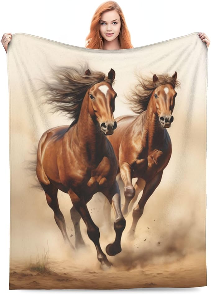 Horse Blanket Animal Horses Running Pattern Print Flannel Throw Blankets for Home Couch Bed Sofa Soft Fuzzy Lightweight Decor Gifts for All Season 60x50 Inches