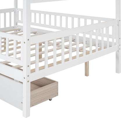 Full House Bed with 2 Storage Drawers, Kids Full Bed Frame with Rails and Roof, Tent Bed, Wooden Full Daybed, Full Montessori Bed for Kids Teens Girls & Boys, No Box Spring Needed (White)