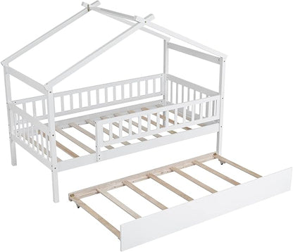 Merax Twin Size Wooden House Bed with Twin Size Trundle, Wood Bed Frame with Roof and Safety Guardrail for Kids, Teens, Boys or Girls, White