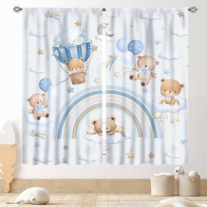 Bear Curtains for Kids Room, Baby Boys Girls Cute Lovely Bear Cloud Boho Rainbow Pastel Blue Window Drapery Treatments for Living Room Bedroom Nursey Toddler Classroom 2 Panels, 55"x63" Inch