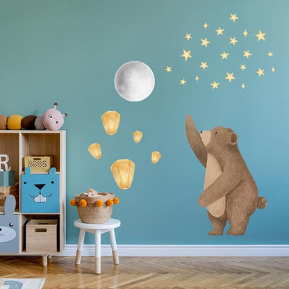 Cute Bear Wall Decals with Moon & Stars - Removable Nursery Wall Stickers for Baby Kids Room, Waterproof Animal Wall Art Decor, Easy to Apply Bedroom Living Room Playroom Murals