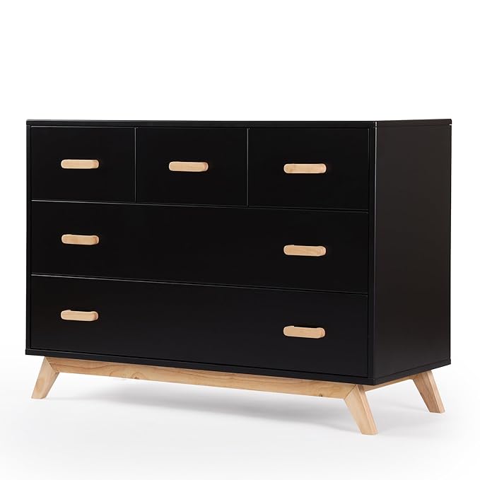 dadada Soho 5-Drawer Dresser for Nursery and Bedroom - Modern Design, Large Storage, Baby-Safe Finish, Soft Close Drawers, Anti-Tip Safety, Sturdy Legs & Solid Wood Handles, 47” Wide (Black+Natural)