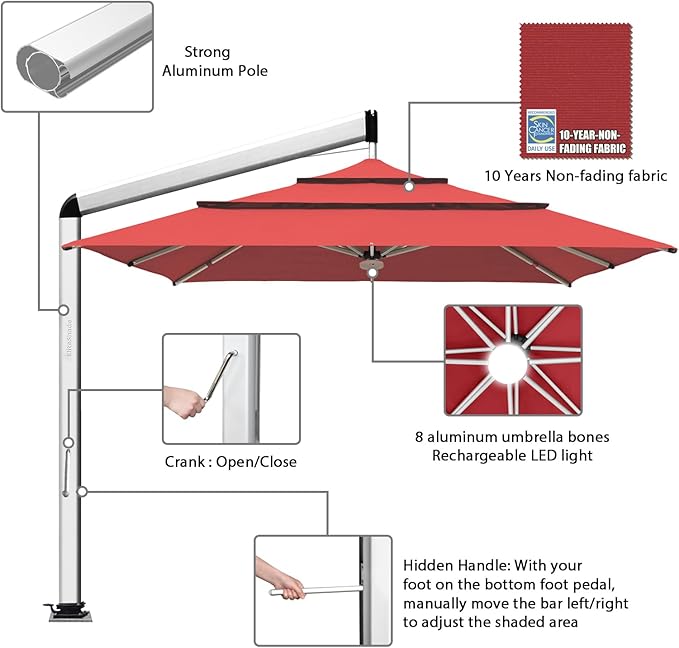 EliteShade USA Atlas 3-Tier 10x10FT Full Aluminum Cantilever Patio Umbrella for Outdoor restaurant Garden Courtyard Deck Pool and Marketing with Light(No battery),Red
