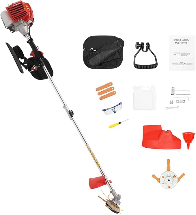 2 Stroke 43cc Gasoline Weed Trimmer Brush Cutter Lawn Edger Grass Weed Eater, Gas Weed Trimmer Gas Weedeaters Grass Trimmer Cordless Gasoline Power w/ 2 Blade Heads