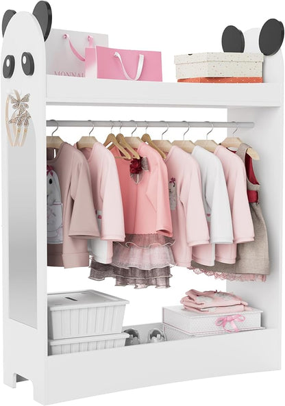 Kids Dress Up Storage Rack Mirror Wood Child Wardrobe 2 Hooks 2 Fabric Bins Toddler Closet Girls Boys Open Hanging Armoire Storage Shelf Coat Costume Hat Shoe (White)