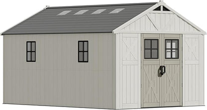 Devoko 10 x 14 FT Resin Outdoor Storage Shed, Extra Large Plastic Shed with Skylight, Floor and Lockable Door, Storage Bike, Tools, Lawn Mower for Garden, Backyard, Patio, Beige