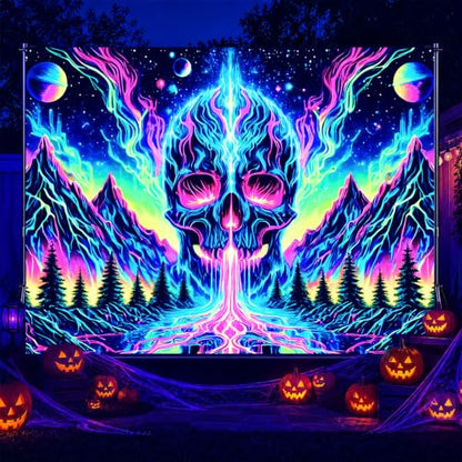Blacklight Tapestry Skull Mountain Neon Wall Art 78 x 59 Inch