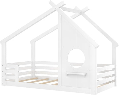 Polibi Twin Size House Floor Bed with Window and a Small Shelf, Solid Wood Low Profile Floor Bed for Kids, No Box Spring Needed, White