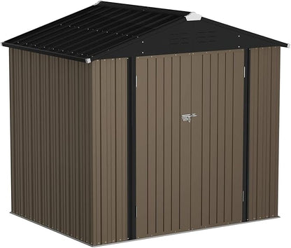JUMMICO Metal Outdoor Storage Shed 6 x 8 FT Metal Shed with Lockable Door,Waterproof Garden Tool Shed Storage House for Backyard Patio Lawn,Brown