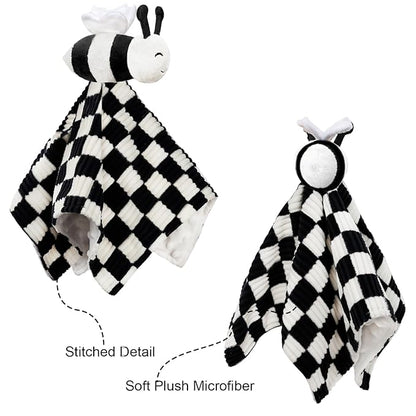 High Contrast Baby Security Blanket for Boys Girls 3D Soft Checkerboard Gingham with Minky Dot Fabric Backing Bee Snuggle Stuffed Animal Lovely Black 14 Inch