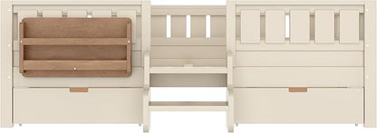 Bellemave Full Size Kids Bed with high Rails and with Built-in Bookshelf and Drawers for Kids, Girls, Boys, Wood Montessori Bed Without Door, Beige