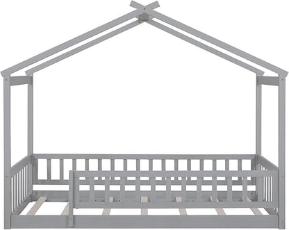 Merax Twin Size Wooden House Bed with Fence, Wood Bed Frame with Roof and Safety Guardrail for Kids, Teens, Boys or Girls, Gray