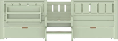 Bellemave Full Size Kids Bed with high Rails and with Built-in Bookshelf and Drawers for Kids, Girls, Boys, Wood Montessori Bed Without Door, Avocado Green