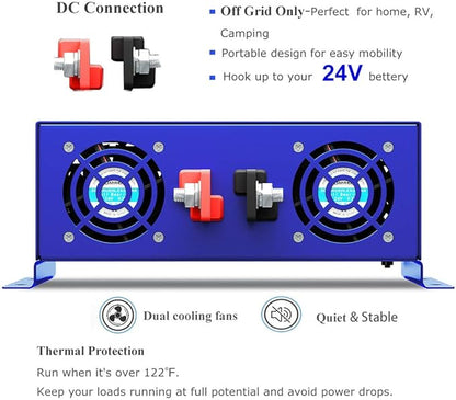 2000 Watt Pure Sine Wave Inverter 24V DC to 110v 120V AC, 2000W Car Power Invert Surge 4000W Power Converter for Solar System. (2000W 24V 120V) Blue
