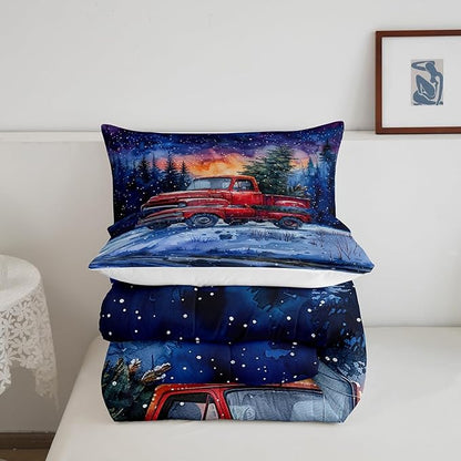 Red Truck Kids Comforter Set Twin Size,Christmas Tree Snowflake Bedding Set for Teens Boys Girls Room Decor,Woodland Nature Scenery Quilt Set 2Pcs,Merry Christmas Theme Duvet Insert,1 Pillowcase