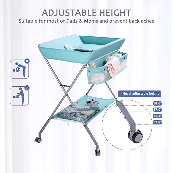 Baby Changing Table Portable Folding Diaper Changing Station with Wheels, Adjustable Height Mobile Nursery Organizer with Safety Belt and Large Storage Racks for Newborn Baby and Infant, Green