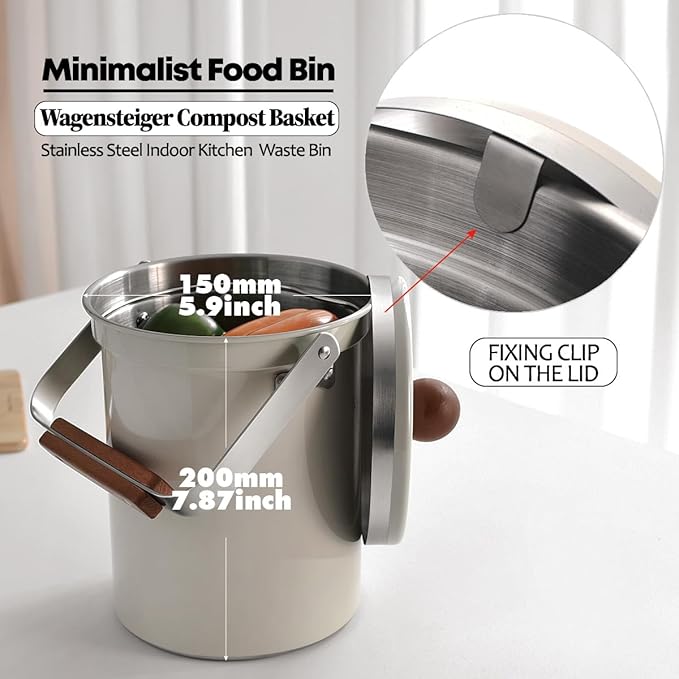 Kitchen Countertop Compost Bin 101ounces / 3Liters, Airtight Lid SUS304 Stainless Steel Odor-Free Food Waste Bin with Wooden Handle Stylish Design Bathroom Trash Can (Off-White)