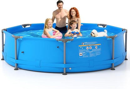 GYMAX 10ft x 30in Metal Frame Above Ground Swimming Pool, Outdoor Backyard Famliy Pool Set with Puncture-Resistant Fabric, Drainage Valve Connector for Kids & Adults (10' x 30", Round, Blue)