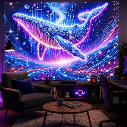 Blacklight Tapestry Whale Circuit Glow Backdrop 78 x 59 Inch