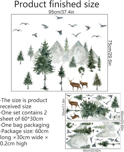 Watercolor Mountain Pine Tree Wall Decals Forest Tree Woodland Deer Birds Wall Stickers for Kids Bedroom Newsery Living Room Wall Decor