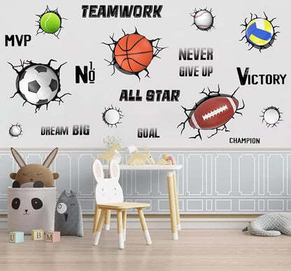 3D Sport Balls Wall Decals, Football, Volleyball, Rugby, Basketball, Tennis Vinyl Wall Stickers, Removable Sports Break Through The Wall Artwork for Boys Bedroom Playroom Decor