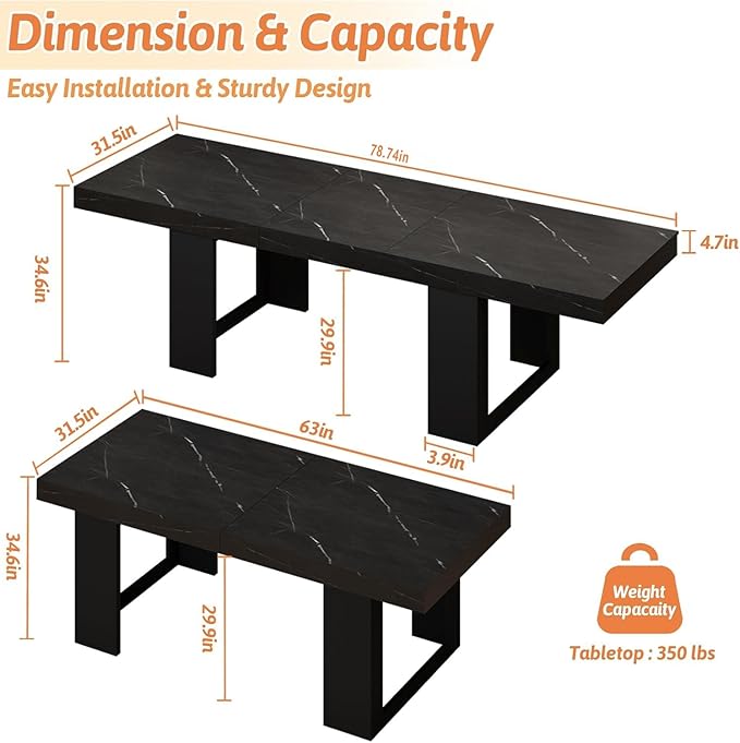 63"-78.74" Rectangular Extendable Dining Table for 6-10 People – Modern Farmhouse Wooden Kitchen Table with Brown Finish, Large Extendable Table for Dining Room or Conference Use