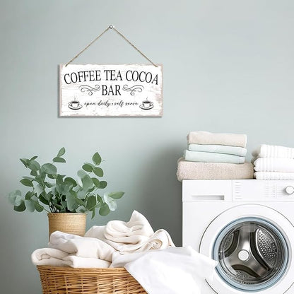 Coffee Tea Cocoa Bar decor Sign, Coffee Tea Cocoa Bar Open DAily Self Serve Hanging Sign, Vintage Kitchen Decor, Cafe Decoration with Rope Hanging 12 x 6 Inches