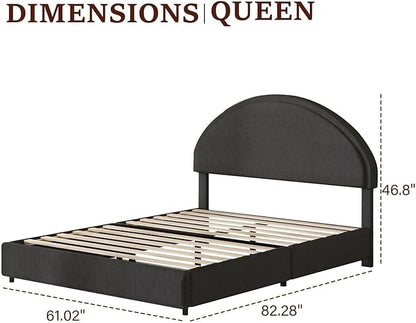 Queen Bed Frame, Boucle Upholstered Platform Bed Frame with Headboard, Soft Platform Bed with Round Conner, No Box Spring Required, Easy Assembly, Dark Grey