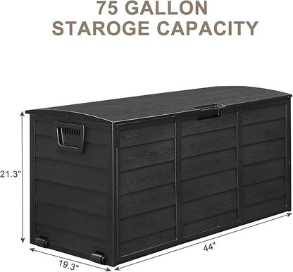 75 Gallon Resin Deck Box, Waterproof Outdoor Storage Box with Wheels, Lockable Lid and Handles, Large Deck Storage for Outdoor Gear, Patio Furniture Cushion, Gardening Tools, Jet Black