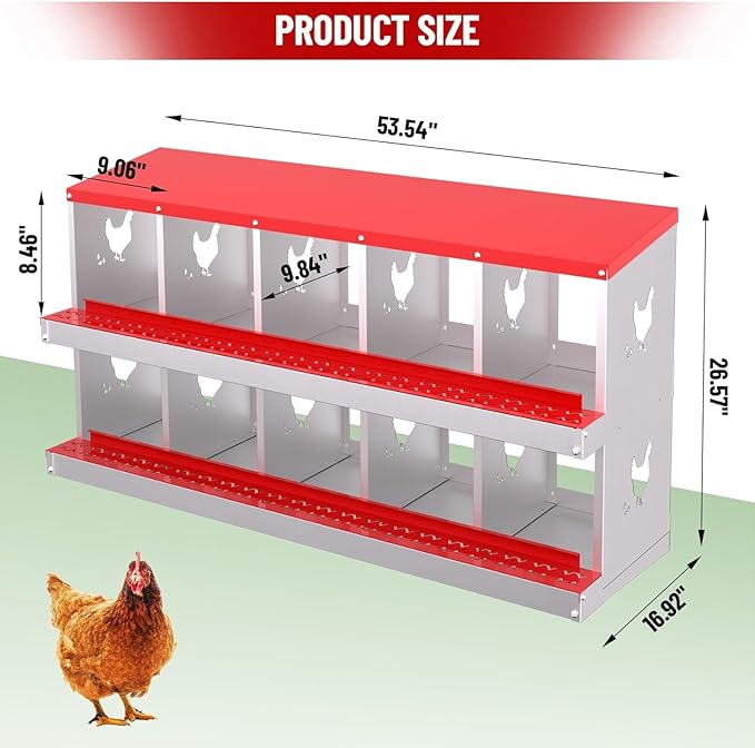 Chicken Nesting Box, 10 Compartment Metal Chicken Nesting Boxes for Chicken Coop, Large Vented Holes Chicken Laying Boxes with Rollout Egg Collection, Wall Mount Chickens Coops