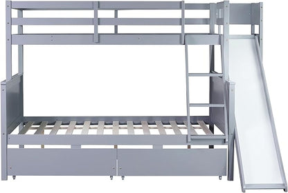 Twin Over Full Bunk Bed with 2 Drawers and Slide, Wood Bunk Bed Frame with Shelves and Ladder, Space Saving Design Bunk Bed for Kids Teens Boys Girls (Grey-x32c)