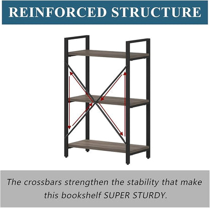 BON AUGURE 3 Tier Bookshelf, Small Rustic Book Shelf, Short Industrial Bookcase, Wood Metal Standing Etagere for Office, Bedroom and Living Room (Greige Oak)