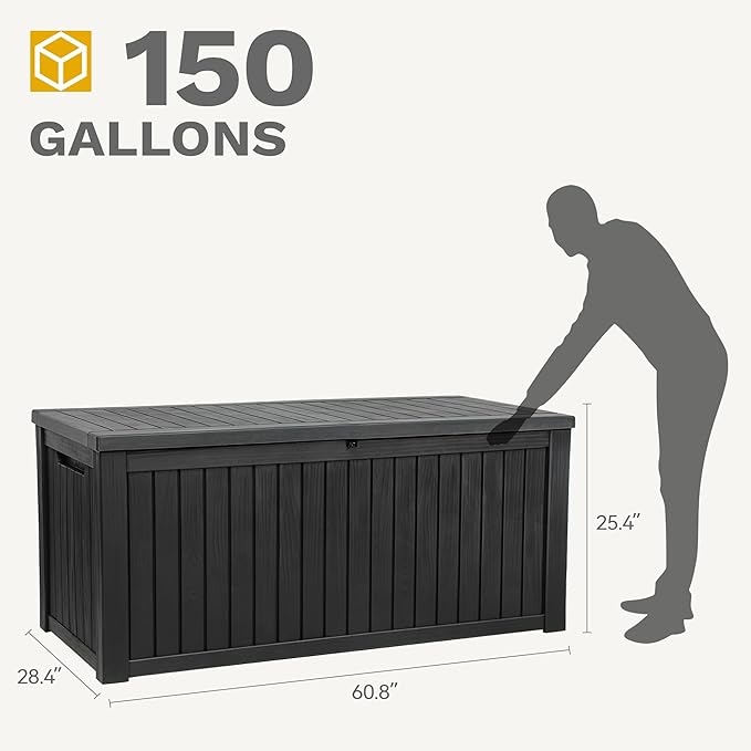 DWVO 150 Gallon XL Deck Box with Divider & Lockable Lid, Waterproof Resin Outdoor Storage for Patio, Garden, Poolside, Cushions, Supplies & Sports Gear, Black