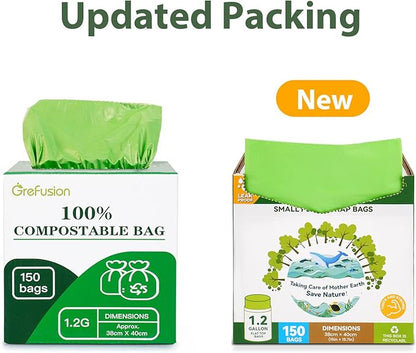 GreFusion Compostable Trash Bags for Kitchen Compost Bin 1.2 Gallon,150 Count,Compost Bags Small for Food Scrap Waste Bags for Countertop Bin Certified by BPI,ASTM D6400 and OK Compost