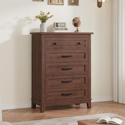 GarveeHome 5 Dresser for Bedroom, 41.3 in Tall Vertical Drawer Dresser with Large Storage, Freestanding Wooden Closet Chest for Bedroom, Living Room, Walnut