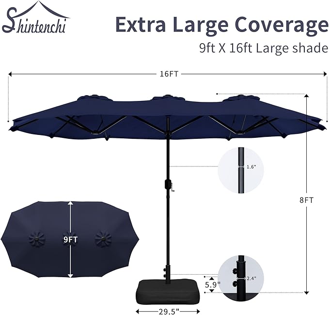 Shintenchi 16FT Large Patio Umbrella with Base, Outdoor Double-Sided Rectangular Umbrella, Market Umbrella with Crank Handle for Poolside Lawn Garden, Dark Blue