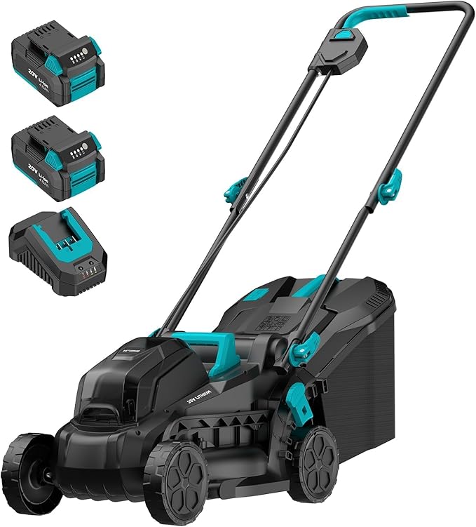 Electric Lawn Mower with Brushless Motor, 20V 13.2 inch Cordless Lawn Mower with 5-Position Cutting Height Adjustment, 2x4.0Ah Battery and Charger Included