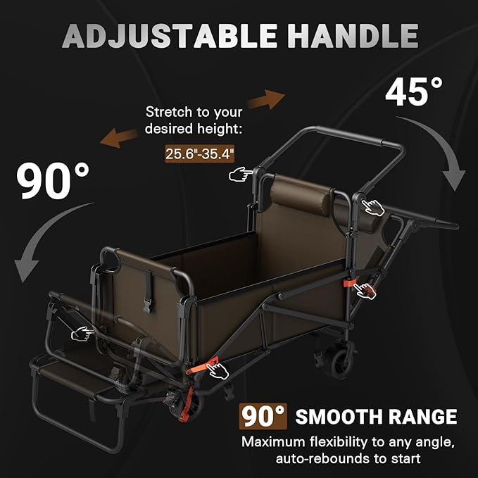 LEVELEVE Heavy Duty Folding Wagon - 2-in-1 Collapsible Cart, 400lb Capacity, All-Terrain Wheels w/Brakes & Side Pockets (Brown)