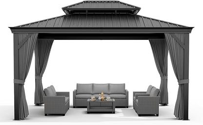 Outdoor Hardtop Gazebos 12 x 12 ft Permanent with High Strength Aluminum Frame, Double-Roof, Pavilion with Curtain and Netting for Patio, Lawn, Deck, Garden (Darkgrey, 12x12 ft)