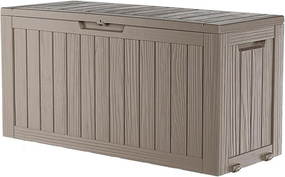 Deck Box Outdoor with 75 Gallon, Rollers for Mobility, Handles Waterproof Storage Box with Lockable for Store Garden Tools Backyard, Multi-Functional Seat & Table, Light Brown