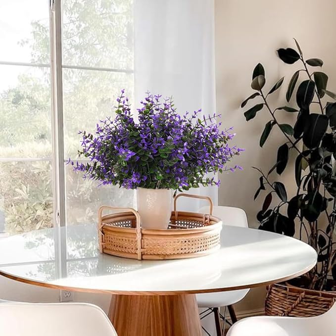 RECUTMS Artificial Fake Outdoor Plants Flowers for Spring Decoration, Faux Plastic Plants Outdoor Flower UV Resistant Realistic for Home Outside Planter Window Porch Patio Garden(Purple Eucalyptus)