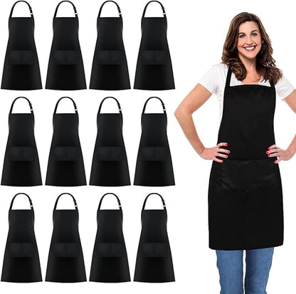 Jubatus 12 Pack 100% Cotton Aprons Bulk with 2 Pockets Cooking Chef Kitchen Adjustable Bib Apron for Women Men, Black