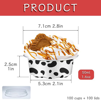 100 Pack Cow Print Aluminum Foil Cups with Lids, 1.6 oz Heavy Duty Ramekins for Baking, Disposable Mini Cupcake Containers for Farm Theme Party, Rustic Wedding, Baby Shower